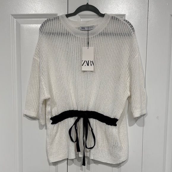 Zara Tops - Zara Cream Knit Sweater with Black Waist Tie